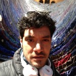 Pierluigi Vecchi in front of installation Kaarina Kaikonnen The Blue Route